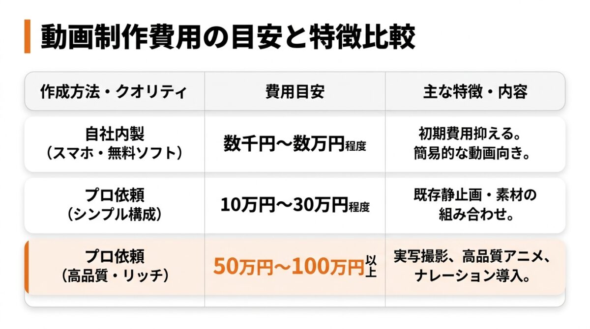 動画製作費用の目安と特徴比較