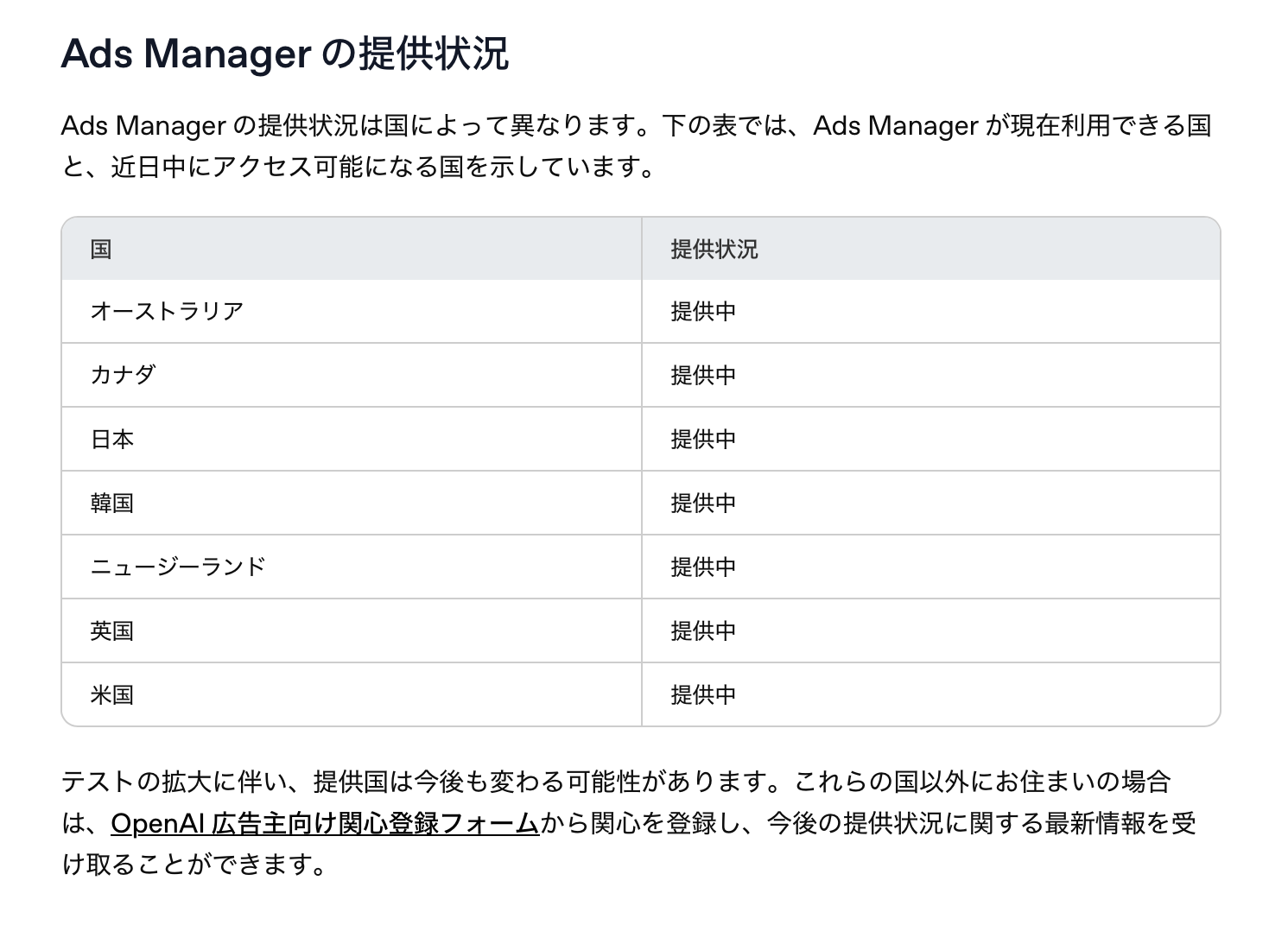 Ads Manager の提供状況